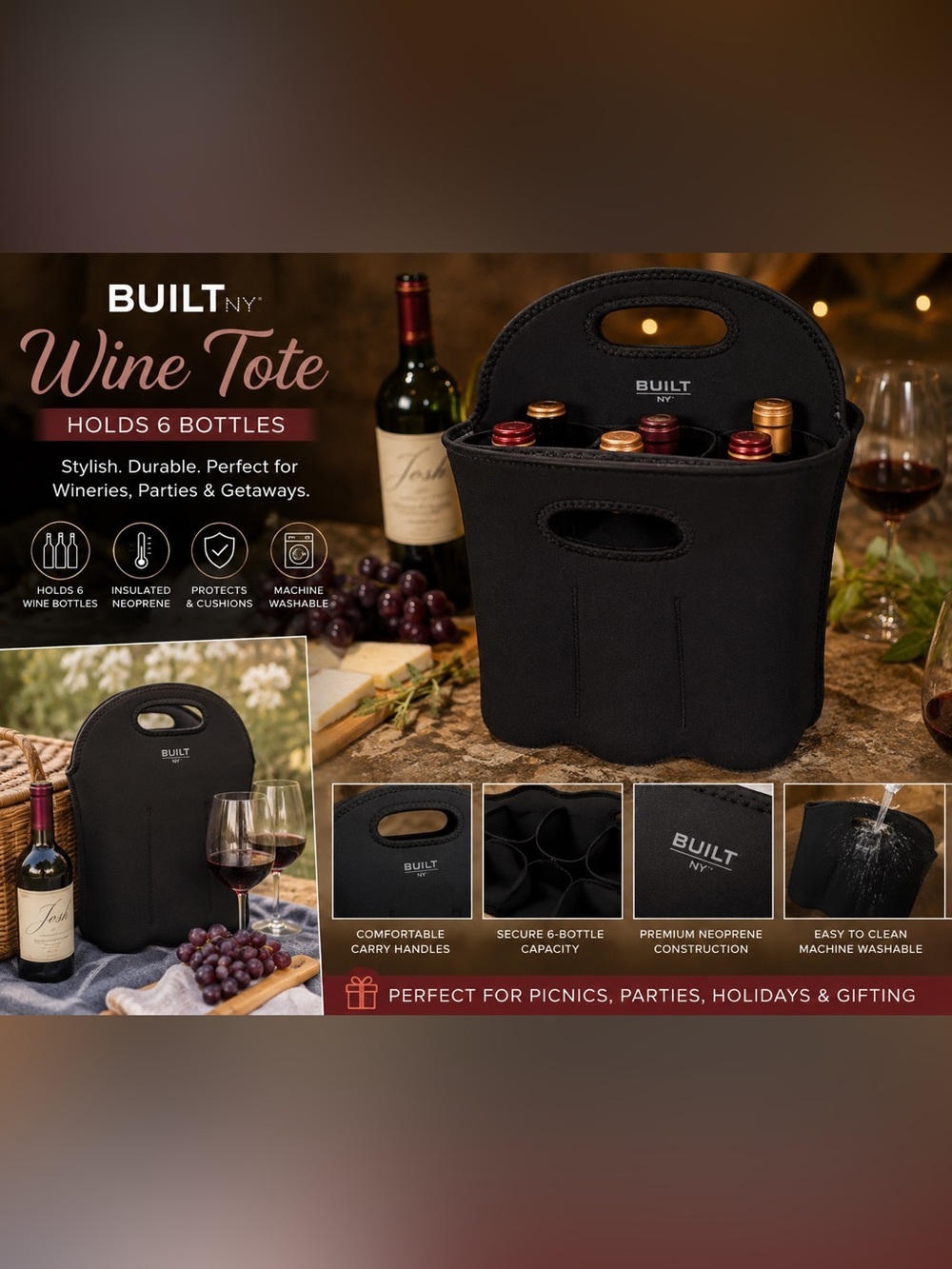 BUILT NY Neoprene 6-Bottle Wine Tote Carrier – Black Insulated Wine Bag